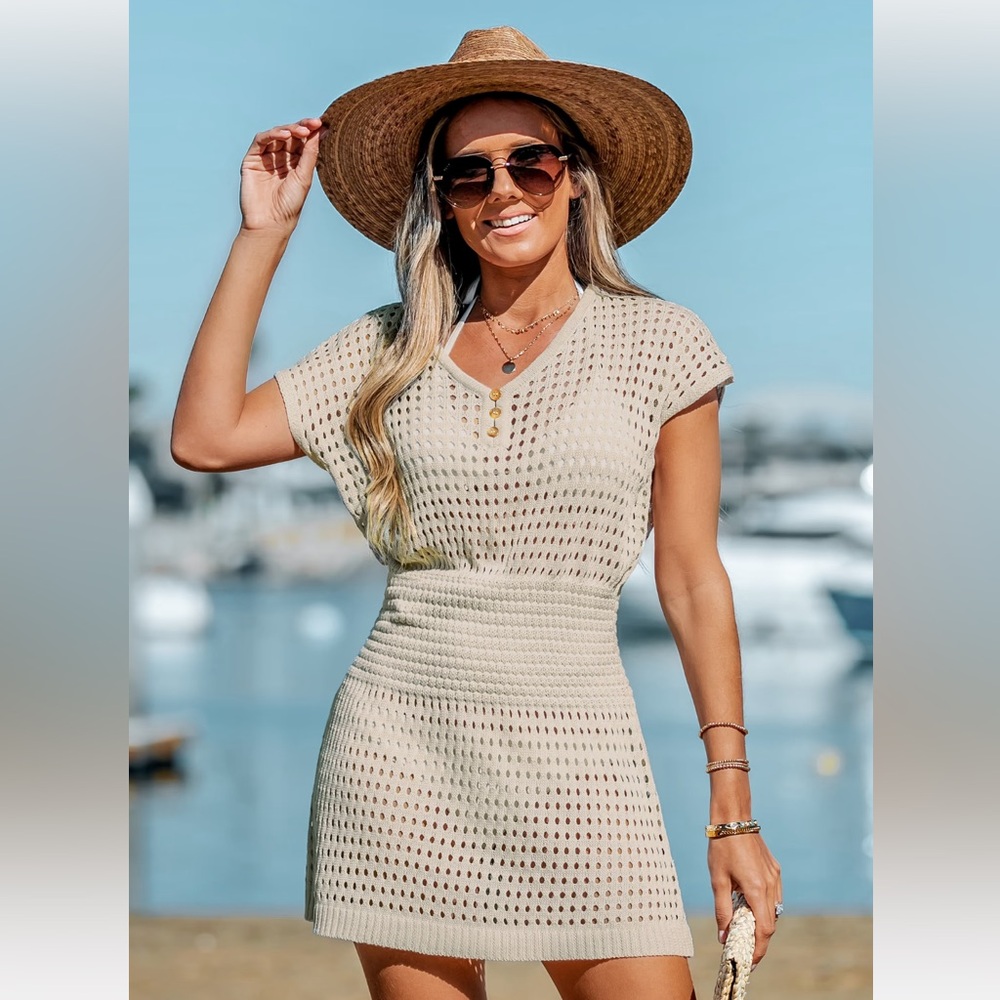 Storyteller Cutout V-Neck Cover-Up Dress 
Knit latte mini
